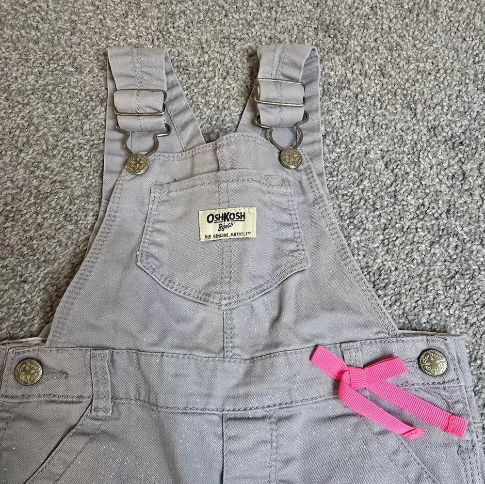 OshKosh B'Gosh Sparkly Grey Twill Pink Ribbon 24 Month Overalls